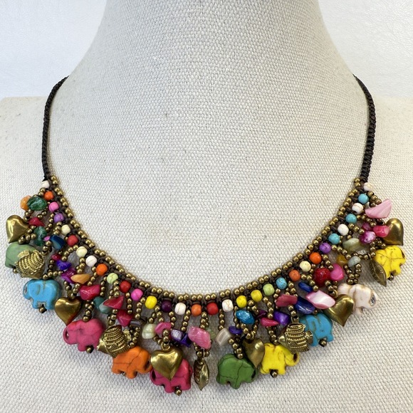Boho Colorful Beaded Elephant Heart Fish Charm Statement Necklace - Picture 1 of 8